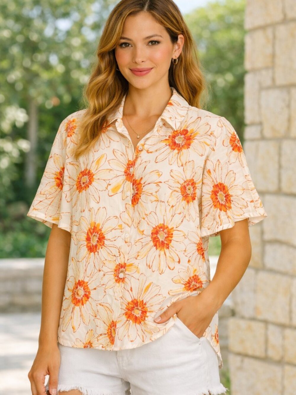 Sarah Michelle Orange Floral Flutter Sleeve Blouse Large Boho Cottagecore Top